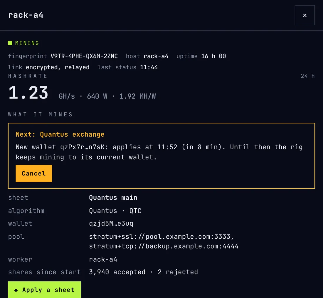 A rig with a new wallet pending: it applies in 8 minutes; until then the rig keeps mining to its current wallet. A Cancel button.