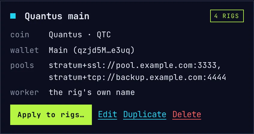 A mining sheet, Quantus main, on four rigs: its coin, wallet, pools and worker, and an Apply to rigs button.
